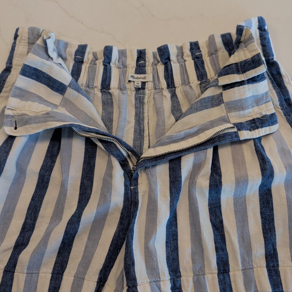 Madewell Linen Blend Sz 14 Blue Striped High Waist Paper Bag Loose Fit Shorts - Picture 6 of 11
